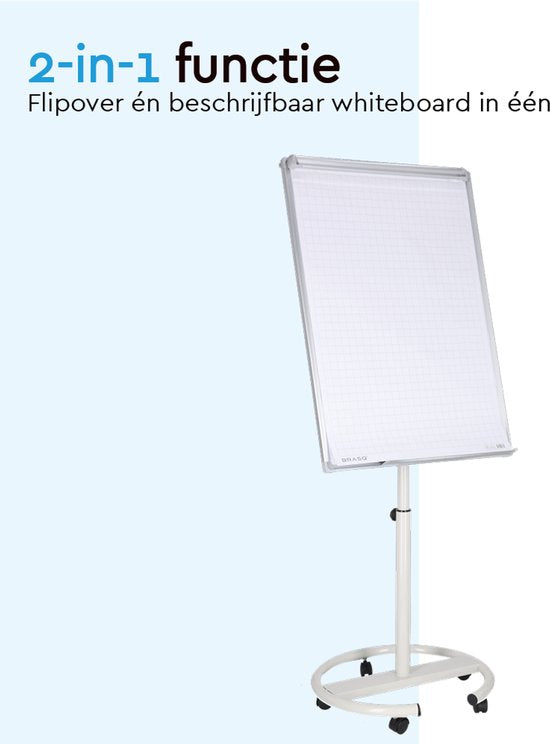 BRASQ Flipchart Mobile Deluxe - 70x100 cm - Verstellbares Whiteboard - Inklusive 25 Blatt Papier und Zubehör - mit ausziehbaren Armen - Magnettafel mit Haken - Magnettafel - Weiß