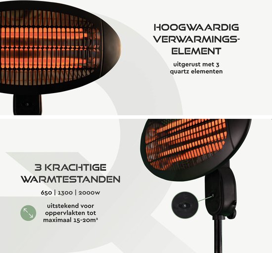 BRASQ Electric Terrace Heater Floor Standing PHS100 - Heizung 2000W - 3 Wärmestufen - Einstellbar - Spritzwassergeschützt - Für den Innen- und Außenbereich - Schwarz