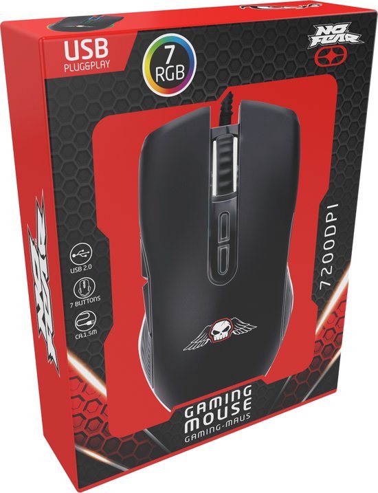 No Fear Gaming-Maus - 7200dpi - RGB-Maus mit LED-Beleuchtung - 1,5 m Kabel - USB 2.0-Anschluss - Schwarz