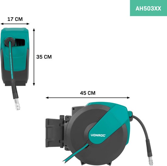 VONROC PRO Automatik-Luftschlauchaufroller - Luftaufroller - Inkl. 15 Meter Luftschlauch, 1 Meter Versorgungsschlauch und Wandbefestigungskit - 17 bar/250 PSI - Universal EURO/DIN 7,2mm Kupplung