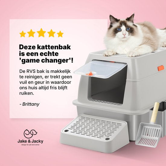 Jake und Jacky Edelstahl Katzenklo Hop In - Katzentoilette Edelstahl - Inkl. Katzenklo Schaufel mit Halterung und Streusammelschritt - Top Entry - 3 in 1 offenes Katzenklo mit abnehmbarem Deckel - 60x40x38cm