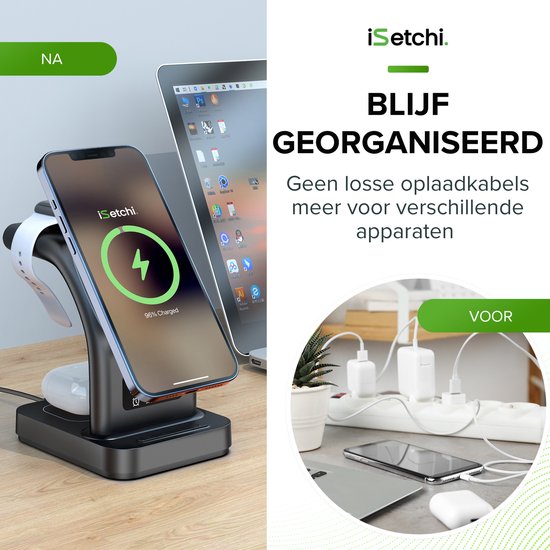 iSetchi MagSafe 5-in-1 Wireless Charger (15W USB-C Schnellladegerät) - Mit LED-Lampe, Digitaluhr & Weckfunktion - Geeignet für iPhone, Apple iWatch & Airpods - Wireless Qi Station - GSM Ladegerät