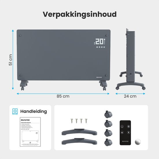 Auronic Electric Heater - Konvektor-Heizung mit Thermostat und Fernbedienung - Glasheizung - 2500W Heizung - Grau