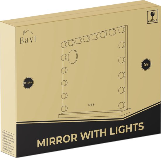 Bayt Hollywood Spiegel mit Beleuchtung - Make-up Spiegel mit Beleuchtung - Spiegel mit Beleuchtung - Hollywood Spiegel 80x60 - dimmbar - 10x Vergrößerung - 80x60cm - Gold