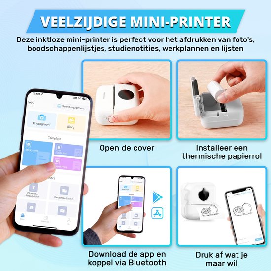 Mini-Drucker für das Handy - inkl. 6 Papierrollen, 5 Aufkleberrollen, 3 Farbrollen und Farbstiften - mobiler Taschendrucker - ohne Tinte - kabellos - weiß