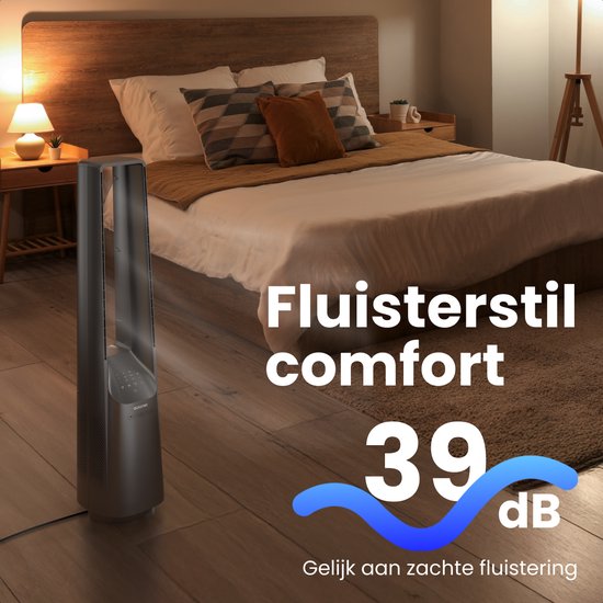Auronic Tower Fan - Lamellenloses Modell - Luftkühler - Bodenventilator - Leiser Standventilator - 101 CM - 6 Geschwindigkeiten - Ventilator - Mit Timer - 39 dB - Hellgrau