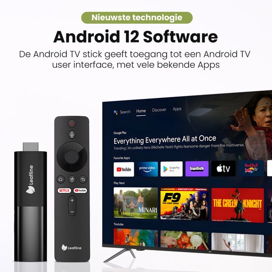 Leafline® Android TV Stick - Google TV Streamer - Eingebauter Chromecast - Android TV Box - Mit Fernbedienung & Sprachsteuerung