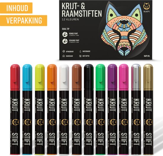NAPI 12 Fenstermarker - abwaschbar - Kreidemarker für Tafel und Fenster - umkehrbare Spitze 3-6 mm - Whiteboard-Marker - Whiteboard-Marker - Kreidemarker - Glasmarker - Kreidemarker - Porzellan - Glas - 12 Farben