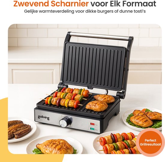 Goliving Toasti Machine XL - Kontaktgrill - Toasti Eisen - 29 x 23 cm - Panini Grill - Kompakt - Einstellbare Temperatur - Schwarz