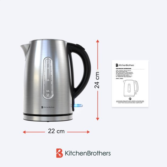KitchenBrothers Wasserkocher - Elektrisch - 1,7L - 2200W - Edelstahl - Silber