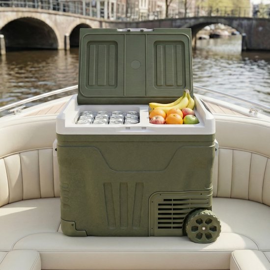Auronic Electric Cool Box - Kompressor - 2 Zonen - 45L - 12/24V und 240V - Kühlen und Gefrieren - Campingkühlschrank - Frigobox Auto - Mit Rädern und Griff - Grün