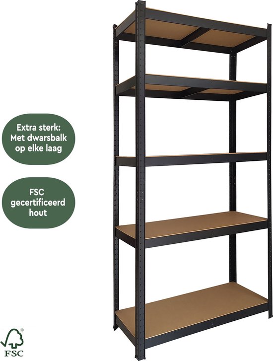 BRASQ Schwarzer Metallregalschrank - Aufbewahrungsregal - Wandschrank - Aufbewahrungsschrank 180x90x40cm - 5 Ebenen - Schrank 175 KG/Regal - 875 KG max