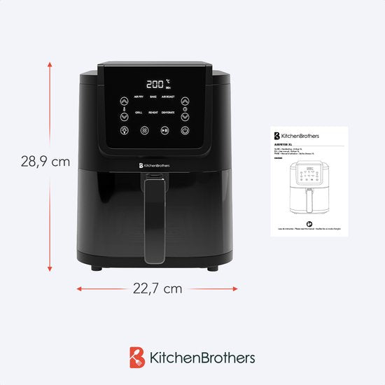 KitchenBrothers Airfryer XL - 5L - 1500W - Heißluftfritteuse - 60ºC bis 200ºC - Kleines Design - Extra leise - 6 Kochprogramme - Schwarz