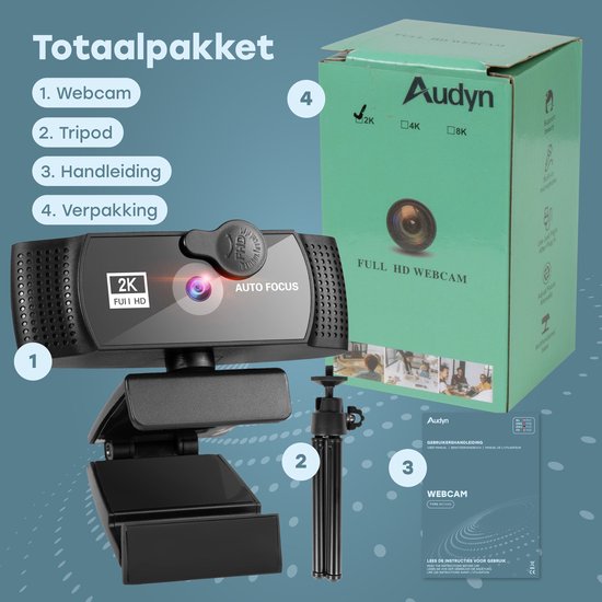 Audyn Webcam - 5MP - 2K Full HD - mit Mikrofon - für PC - inkl. Abdeckung & Ständer - Streaming Kamera - Webcams