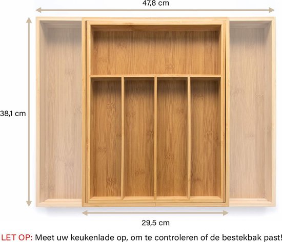 Budu Extendable Bamboo Cutlery Tray #38 (38 cm tief) - Besteckkassette Holz - Besteckschublade - 38 x 29,5 - 47,8 cm - 5/7 Fächer