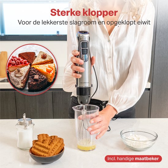 AoraKitchen Stabmixer-Set - 6 Teile - 1000W - Turbo - Milchaufschäumer - Zerkleinerer - Messbecher - Schneebesen