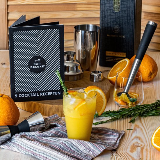 BarDeluxe® Cocktail Shaker Set - 5-tlg. Boston Shaker - Cocktail Set mit Stamper, Sieb, Barlöffel & Rezeptbuch - Inklusive luxuriöser Geschenkbox - Silber
