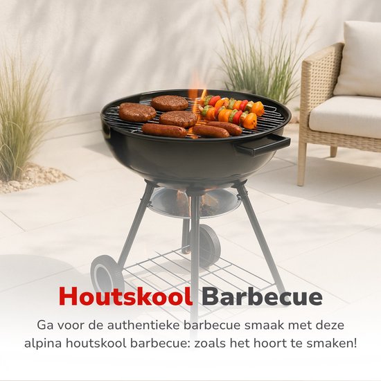 alpina Charcoal BBQ - Kugelgrill Ø43 cm - Grill mit Deckel und Rädern - Integriertes Belüftungssystem - Herausnehmbare Aschenschale - Schwarz