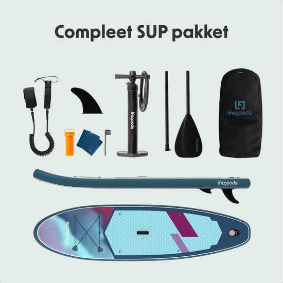 LifeGoods SUP Board All-round Compact - 100 KG Belastbarkeit - 300 x 76 cm - Aufblasbar - Komplettes SUP Paket - Blau/Lila