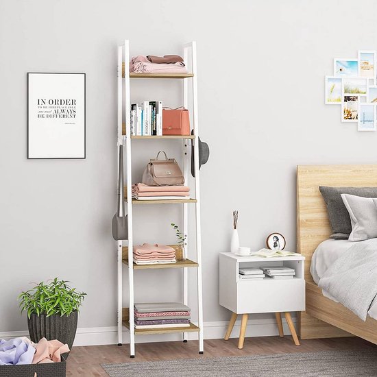 Woltu Leiterregal – 40 x 170 x 36 cm – 5 Etagen – mit Haken – Weiß