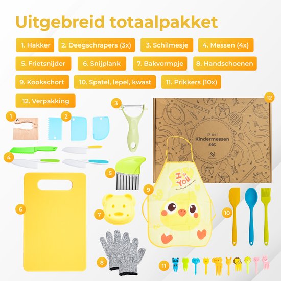 Nuvance - Kindermesserset - 17-teiliges Kochset - Kiddikutter - Kinderbesteck mit Tranchierbrett, Schälmesser, Kindermesser, Pommesschneider & Kochschürze - Kiddicutter - Kochen für Kinder - Küchenutensilien
