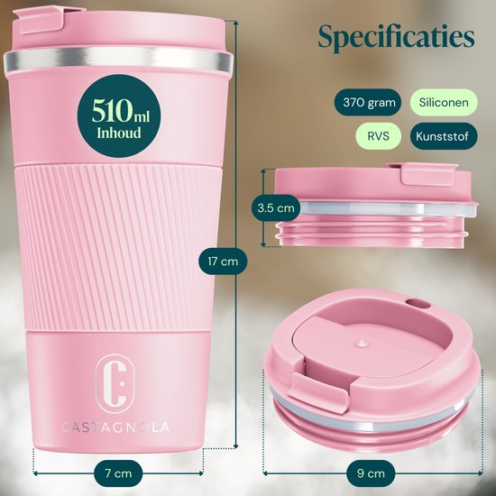 Castagnola Thermobecher – Kaffeebecher zum Mitnehmen – Reisebecher für Kaffee und Tee – Teebecher – 510 ml – Edelstahl – Rosa