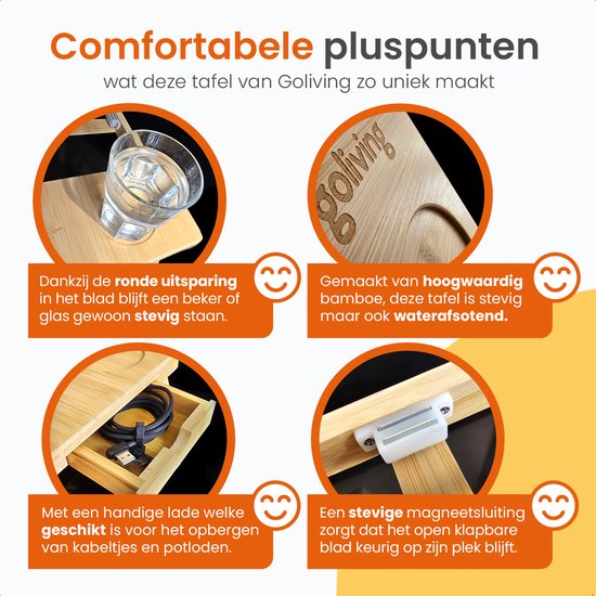 Goliving Laptop-Tisch - Ausklappbar auf 39 cm Höhe - Verstellbare & klappbare Arbeitsfläche - Ergonomischer Laptop-Tisch - Bank-Tisch - Bett-Tisch - Laptop-Ständer - Holz