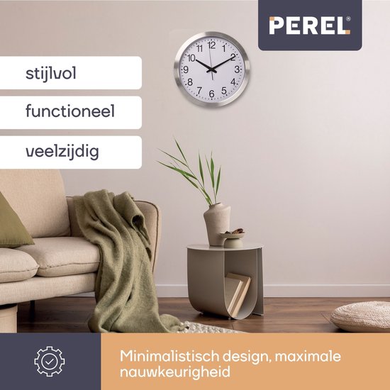 Perel Wanduhr 40 cm, analog, mit automatischer DCF-Zeitsynchronisation, großem, gut ablesbarem Zifferblatt, silberfarbenem Aluminiumrahmen, für Wohnzimmer, Küche, Büro, Wartezimmer