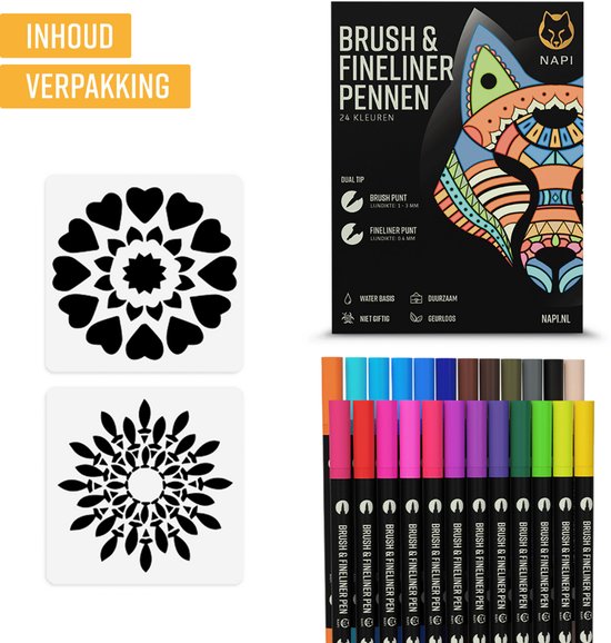 NAPI Twinmarkers - 24 Marker für Erwachsene - Doppelseitige Brush Pens - Fineliner Farbe - Filzstifte Handlettering - Bullet Journal Zubehör - Brush Pens Aquarell - Marker Kinder - Marker inkl. 2 Mandala-Schablonen