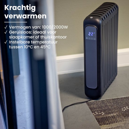 QLT Elektroheizung mit App-Steuerung, Thermostat und Timer - Konvektorheizung - Ölfreier Heizkörper mit Rädern und Wandoption - Bis zu 20m² - Schwarz