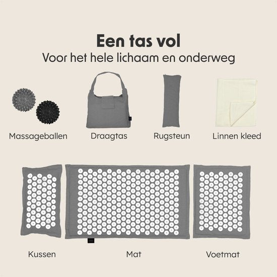 LifeGoods Akupressurmatte Eco - Komplettset - Kissen / Tragetasche / 2x Triggerpunktball - Shakti-Matte - Nagelmatte - 72x43x2cm - Grau/Weiß