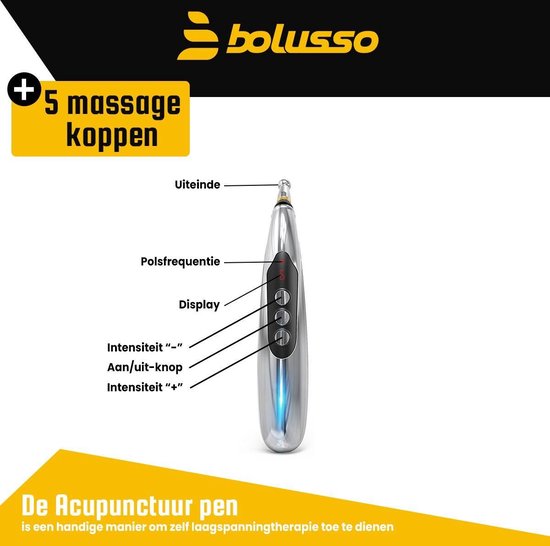Bolusso Komplettes Akupunktur-Stift-Set - Enthält 5 Kopfstücke - Holländisches Handbuch - Massage-Stift und Werkzeug - Wiederaufladbar - Einschließlich Gel-Töpfe