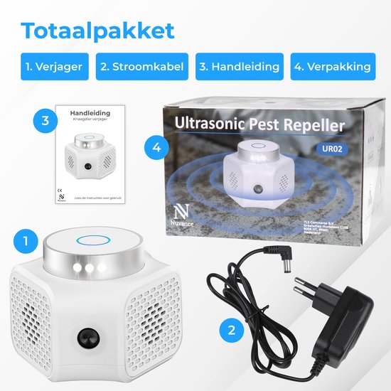 Nuvance - Mäuseabwehr - Ultraschallabwehr - Rattenabwehr - 360 Grad & 4 Modi - Schädlingsabwehr mit Ultraschall - Mäusekontrolle - Weiß
