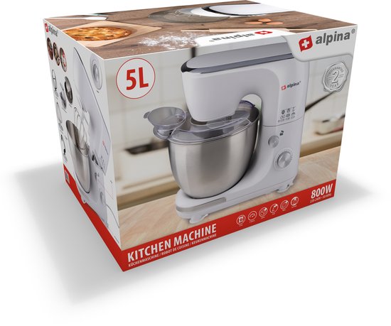 alpina Food Processor - Küchenroboter - 5L Edelstahl-Mixbehälter - 3 Zubehörteile - Weiß