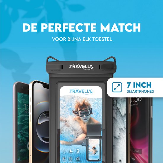 Travelly® Wasserdichte Handytasche mit extra Staufach - Universelle Unterwassertasche für Smartphone - Geeignet für alle Handys - Drybag - Für Urlaub, Schwimmen & Wassersport - Schwarz