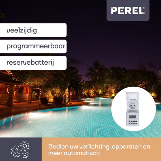 Perel Wochenzeitschaltuhr, digital, 230 V, 32 A, 3600 W, IP44, für den Außenbereich, französische Erdung Typ E, weiß