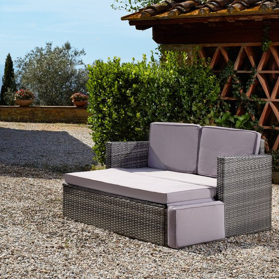 tectake® Lounge-Sofa aus Geflecht - Mit Ottomane - Für 2 Personen - Lounge-Sofa mit Sitz- und Rückenkissen - Wetterfest - Ideal für Terrasse, Wintergarten und Balkon - Maße Sofa (LxBxH) 119 x 64,5 x 71,5 cm - Natur