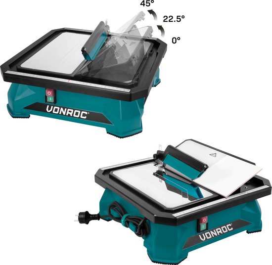 VONROC Fliesensäge 650W -Wasserkühlung - Inkl. 180mm Diamanttrennscheibe, Parallelführung und Gehrungsführung