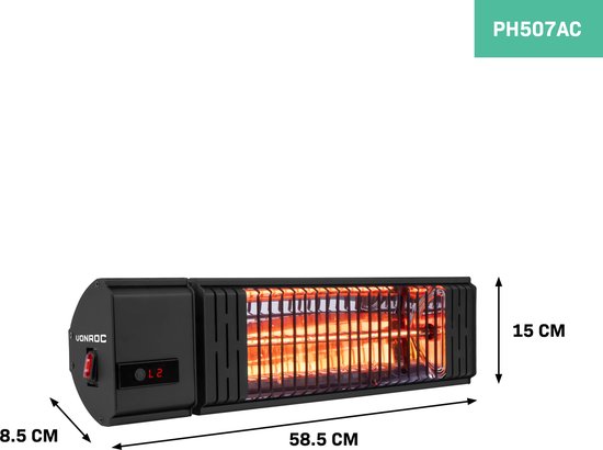 VONROC Atmosphärischer Terrassenheizer Volsini PRO - 2000W - Mit einstellbaren Heizstufen - Timer - LCD-Bildschirm und Fernbedienung - Schwarz