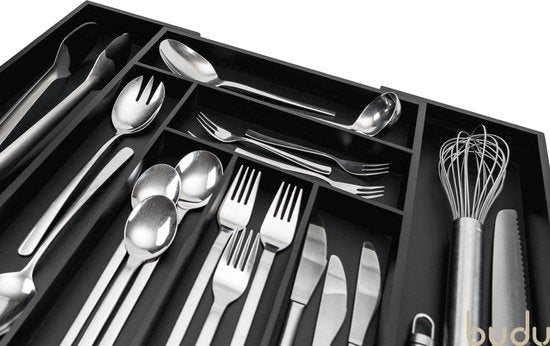 Budu Extendable Bamboo Cutlery Tray #43 (43 cm tief) - Schwarz - Besteckkassette Holz - Besteckschublade - 43 x 32,2 - 53 cm - 6/8 Fächer