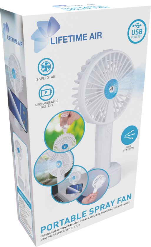 Lifetime Air Handventilator - USB-Ventilator mit Wasserspray - 1200 mAh - Mini-Ventilator mit Wasserspray - Weiß