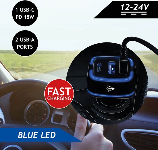Dunlop Car Charger USB - 2x USB-A und USB-C Anschluss - Power Delivery/ Fast Charge 18W - Anschluss an Zigarettenanzünder Auto - Kunststoff - Schwarz