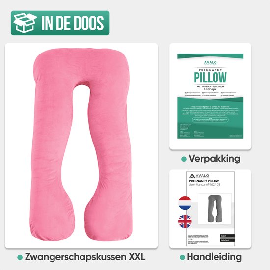 Avalo Schwangerschaftskissen XXL 280 cm - U-Shape Seitenschläferkissen - Ergonomisches Körperkissen - Stillkissen & Körperkissen für Schwangere - Pink