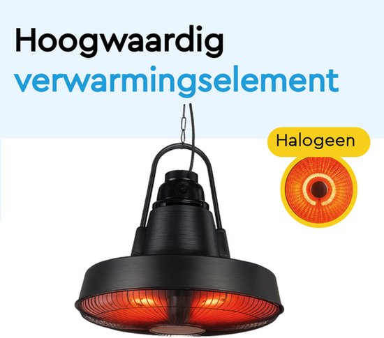 BRASQ Retro Elektrischer Terrassenheizer Pendant - 3 Heizstufen - Mit Fernbedienung - IP24 -Spritzwassergeschützt - Innen und Außen - 2000 W - Schwarz