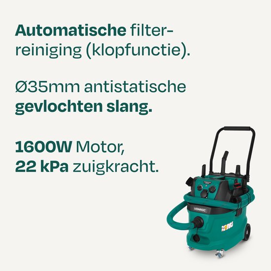 VONROC Nass-/Trockensauger - Klasse M - 1600W - 22kPa - Automatische Filterreinigung (Klopffunktion) - HEPA H14 - 40L Tank - Antistatikschlauch Ø35 mm
