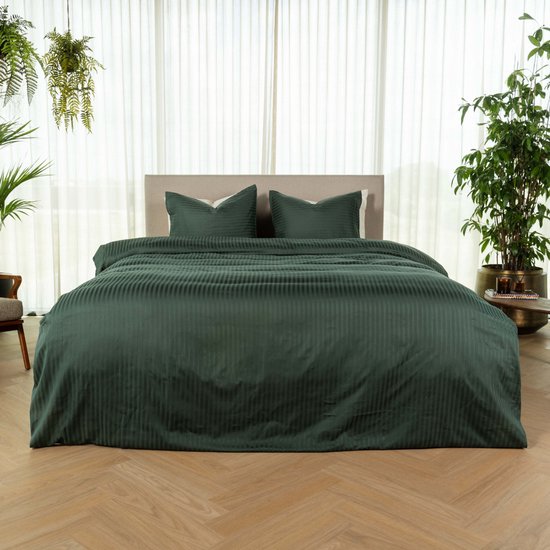 Kayori Elin Bettbezug aus Baumwollsatin – 240 x 200–220 cm + 2 Kissenbezüge – Einzelbetten – Dunkelgrün