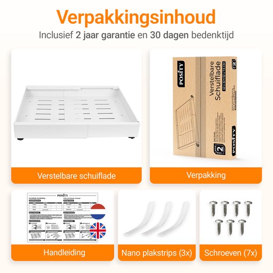 Posity Slide Drawer - Küchenschrank-Organizer - Spülenschrank/Schubladen-Organizer - Innenschublade Küche - Ausziehbar und verstellbar (43-67 cm) - Teleskopisch - Weiß