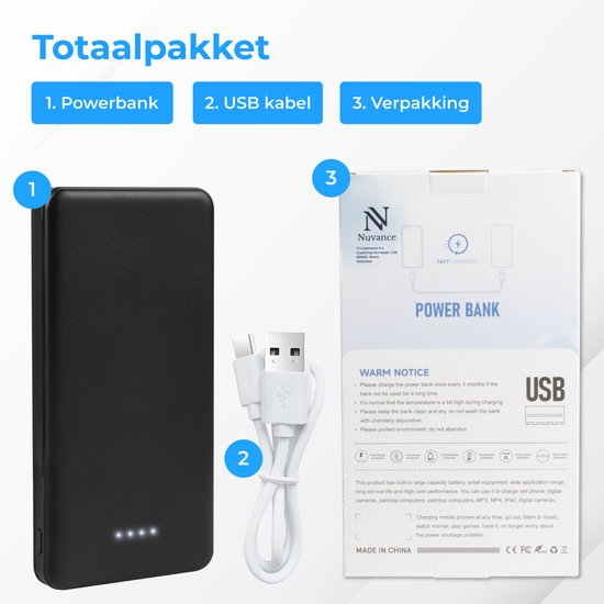 Nuvance - Powerbank 10000 mAh - Schnellladegerät - Kompaktes Design - 2x USB, USB-C & Micro USB - Universal Powerbanks für Smartphones, Tablets & Gadgets - Externer Akku - Schwarz