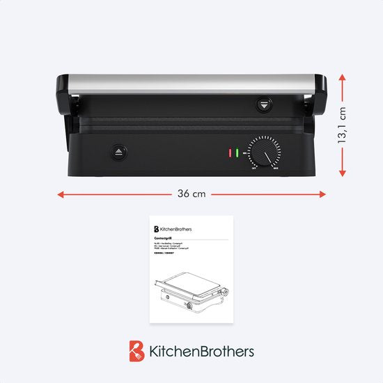KitchenBrothers Kontaktgrill - Grillgerät - Abnehmbare Grillplatten - Panini Grill - 3 Höheneinstellungen - Toasti Eisen - 2000W - Edelstahl