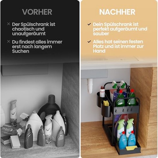 HELDENWERK - Spültischorganisation & Küchenorganisation - 2 Stück - Schwarzer ABS-Kunststoff - Ausziehbar mit 2 Ebenen - Für Küche & Bad - Inklusive Haken & Tabletts - Maximaler Stauraum